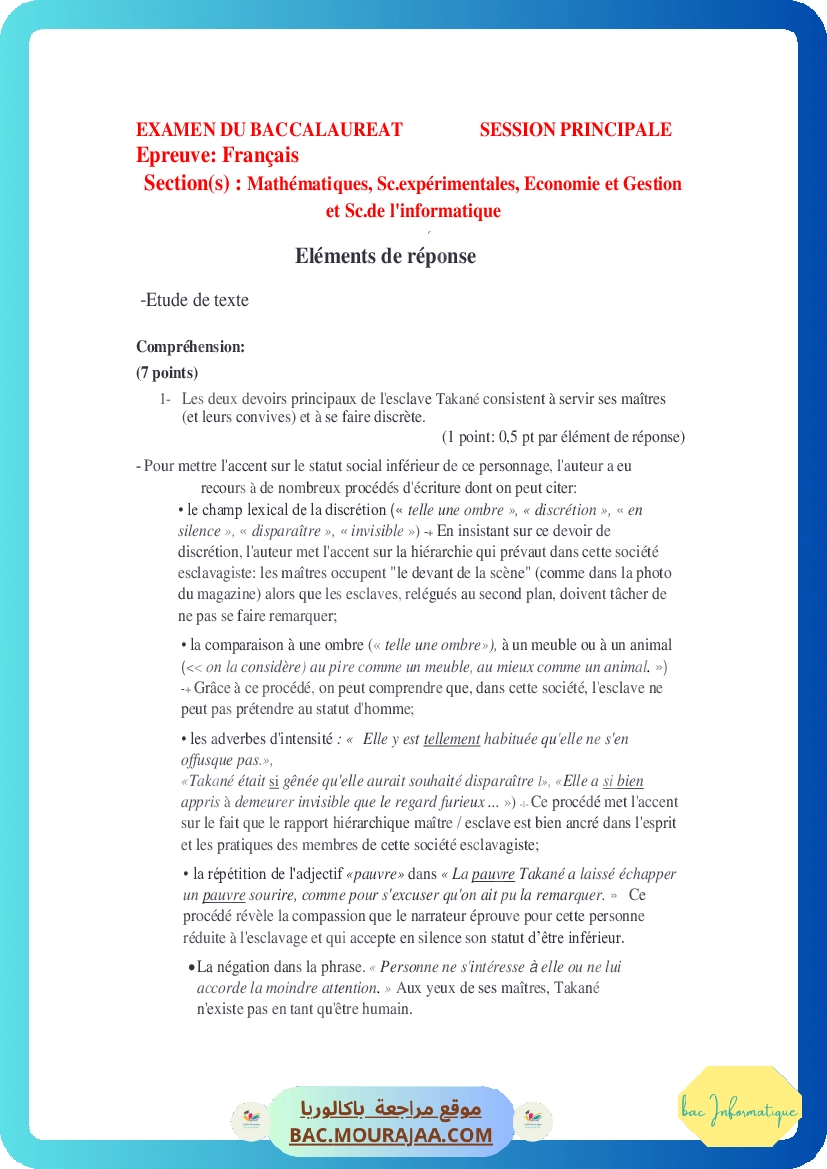 Corrigé principale francais Bac 2013 – Section info